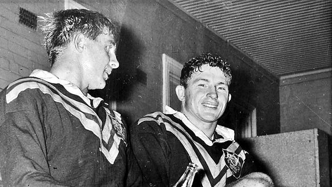 Bill Bradstreet (L) and Angelo Crema in dressing room following the first test of the Australia v Great Britain series at SCG in Sydney in 1966.