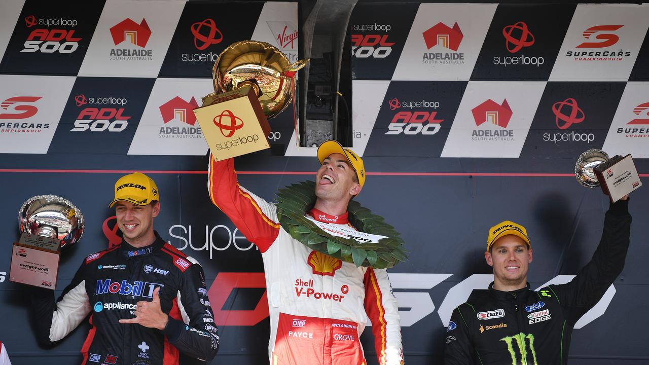 Triple Supercars champion turned IndyCar star Scott McLaughlin won the final race of the Adelaide 500 the last time it was held in 2020 ahead of Chaz Mostert and Cameron Waters. Picture: AAP Image/David Mariuz
