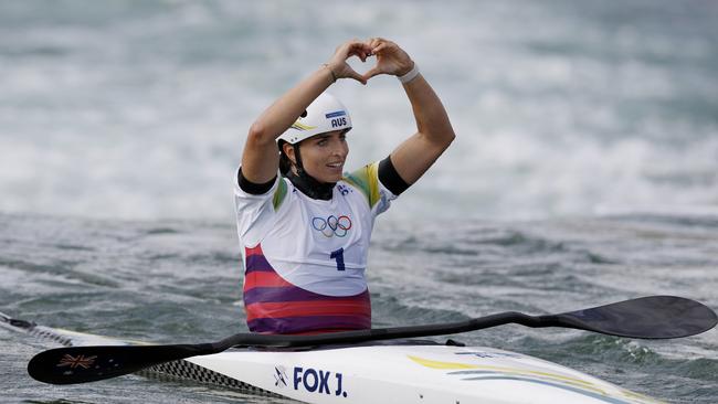 NCA. PARIS FRANCE. 2024 OLYMPIC GAMES. July 28 - Day2 Ã&#137; WomenÃ&#149;s Kayak final at Vaires-sur-Marne Nautical Stadium . Australias Jess Fox bites her gold medal on the podium . Pic: Michael Klein