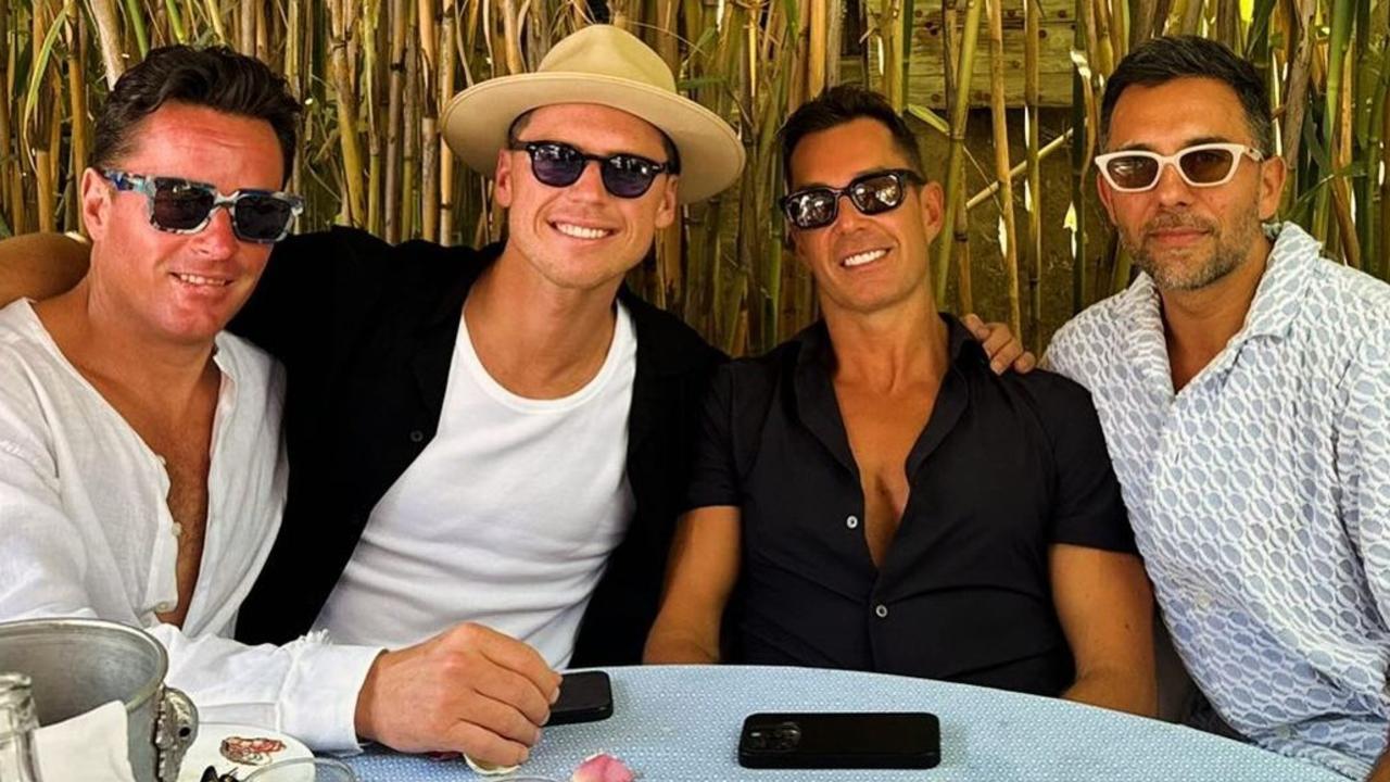 Adrian Oddi (far right) holidaying in the south of France with estate agent mates Alexander Phillips and Mitchell Lambert, and Ivan Bresic. Picture: Instagram