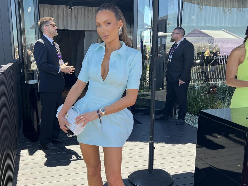 Nadia Bartel in ice blue Lilian Khallouf at the Melbourne Cup. Picture: Newswire / Alexandra Feiam