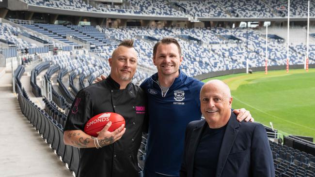 Geelong Cats AFL player Patrick Dangerfield with restaurateur Chris Lucas (right) and chef Benjamin Cooper from Chin Chin. Picture: Brad Fleet