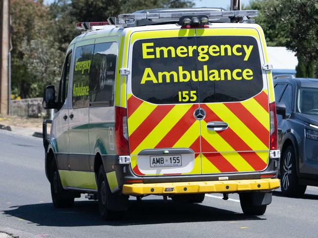 An ambulance drives on Beach Road, Goolwa, where 18 year old Charlie Stevens was struck by a car on Friday Night. Saturday, November 18, 2023. (The Advertiser/ Morgan Sette)