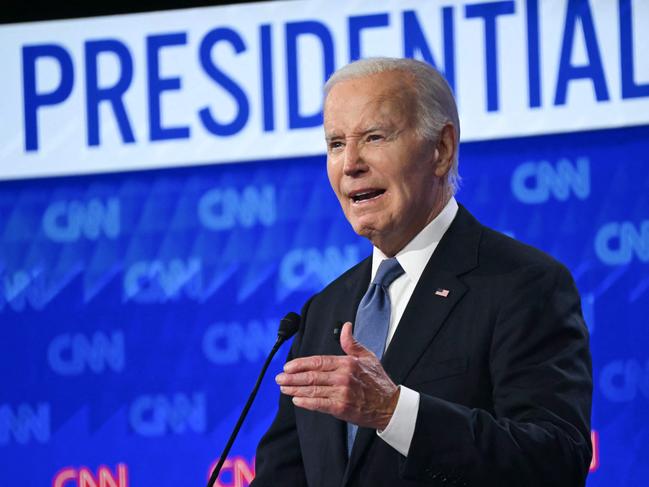 US President Joe Biden speaks as he participates in the first presidential debate of the 2024 elections with former US President and Republican presidential candidate Donald Trump at CNN's studios in Atlanta, Georgia, on June 27, 2024. (Photo by ANDREW CABALLERO-REYNOLDS / AFP)