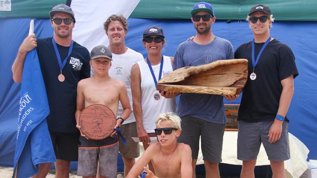 The Point Lookout Boardriders won their third consecutive Sunday Tag Teams final for the 35th annual Straddie Assault (from left) Tim McDonald, Ash Tenner, Lincoln Taylor, Stacey Baxter, Zane Jenner, Luke Surawski and Ethan Ewing. Photo: Fiona Pyke/Straddie Surf Pics.