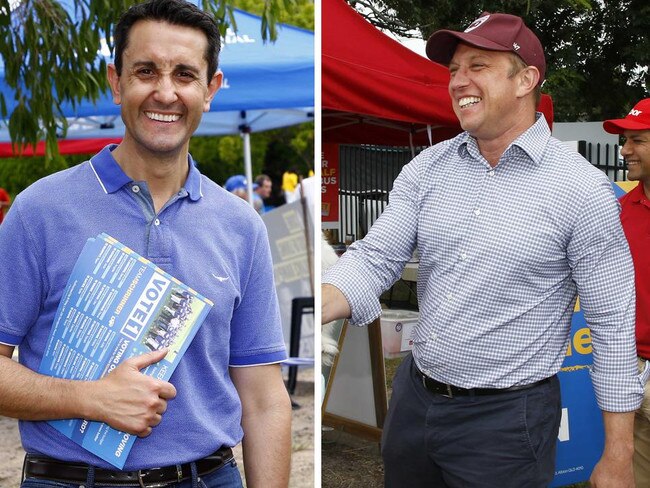 LNP leader David Crisafulli and Queensland Premier Steven Miles at Inala election booths.