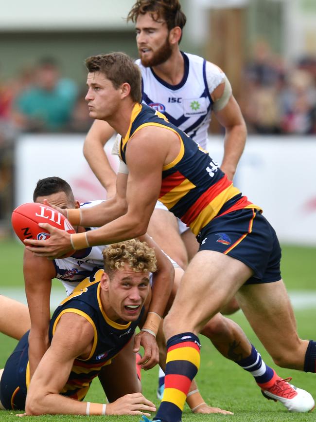 Crows club champion Matt Crouch against Fremantle at Strathalbyn Oval on Sunday. Pictures: AAP Image/David Mariuz
