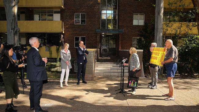 Tenants at Waterloo affordable housing address the media in response to the announcement on the delivery of more social and affordable housing for Waterloo South in Sydney. Picture: NCA Newswire/ Gaye Gerard