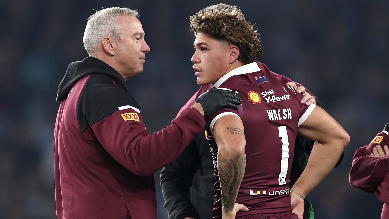 SYDNEY, AUSTRALIA - JUNE 05: Reece Walsh of the Maroons is attended to by medical staff after been tackled by Joseph-Aukuso Sua'ali'i of the Blues during game one of the 2024 Men's State of Origin Series between New South Wales Blues and Queensland Maroons at Accor Stadium on June 05, 2024 in Sydney, Australia. (Photo by Cameron Spencer/Getty Images)