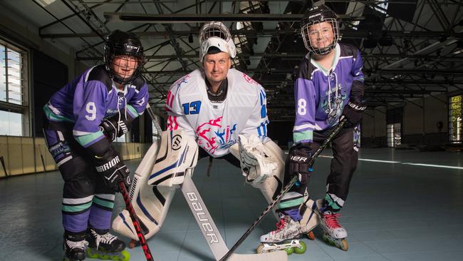 Inline hockey players Mason Pike aged 12, Jason Featherstone and Jordan Beck, aged 12 are primed for the Tasmania Cup at PW1 which has been transformed into an inline hockey rink. Picture: Linda Higginson