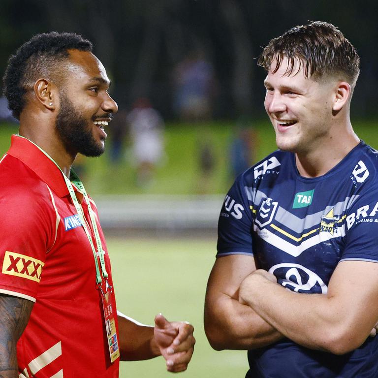 Hamiso Tabuai-Fidow talks with Cowboy Riley Cross after an NRL pre-season game. Picture: Brendan Radke