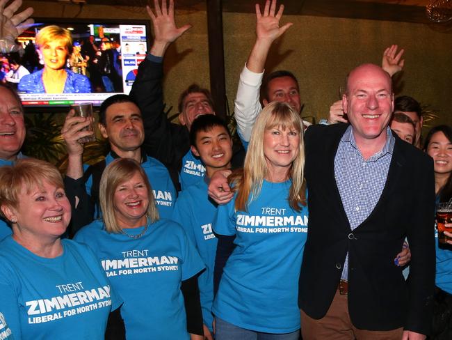 Mr Zimmerman celebrating his win with the party faithful. Picture: Adam Ward