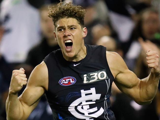 MELBOURNE, AUSTRALIA - MAY 28: Charlie Curnow of the Blues celebrates a goal during the 2017 AFL round 10 match between the Carlton Blues and the North Melbourne Kangaroos at Etihad Stadium on May 28, 2017 in Melbourne, Australia. (Photo by Michael Willson/AFL Media/Getty Images)