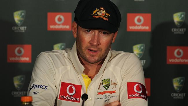 BRISBANE, AUSTRALIA - NOVEMBER 13: Michael Clarke of Australia speaks during a press conference after day five of the First Test match between Australia and South Africa at The Gabba on November 13, 2012 in Brisbane, Australia. (Photo by Matt Roberts/Getty Images)