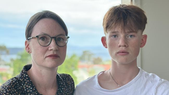 Katie Stott and son, James Hellqvist, 14. Ms Stott says she and her son have been caught up in a spate of recent flight cancellations in and out of Hobart Airport. Picture: Supplied