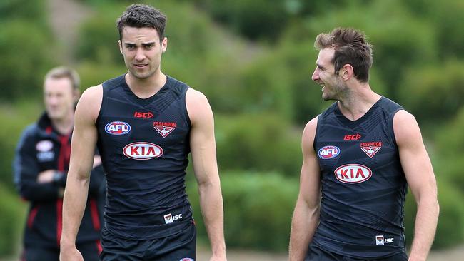 Xavier Richards (left) trained with Essendon in the lead-up to the draft. Picture: Hamish Blair