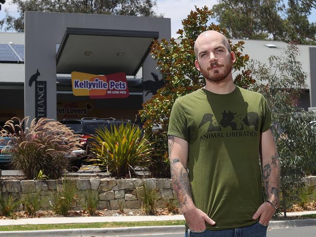 Alex Vince from the Animal Liberation group poses for a photo outside of Kellyville pets store in Beaumont Hills. Picture: Carmela Roche