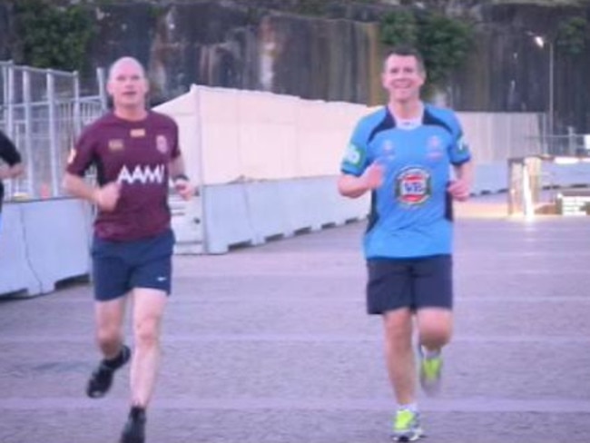 Channel 9 Twitter photo of Mike Baird and Campbell Newman going for a run this morning.