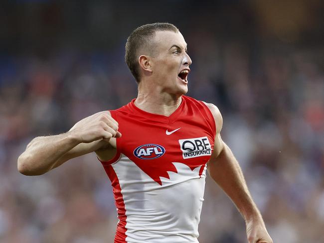 Sydney's Chad Warner celebrates kicking a goal  during the AFL Round 1 match between the Sydney Swans and Brisbane Lions at the SCG on March 15, 2025. Photo by Phil Hillyard (Image Supplied for Editorial Use only - NO ON SALES - copyright Phil Hillyard )