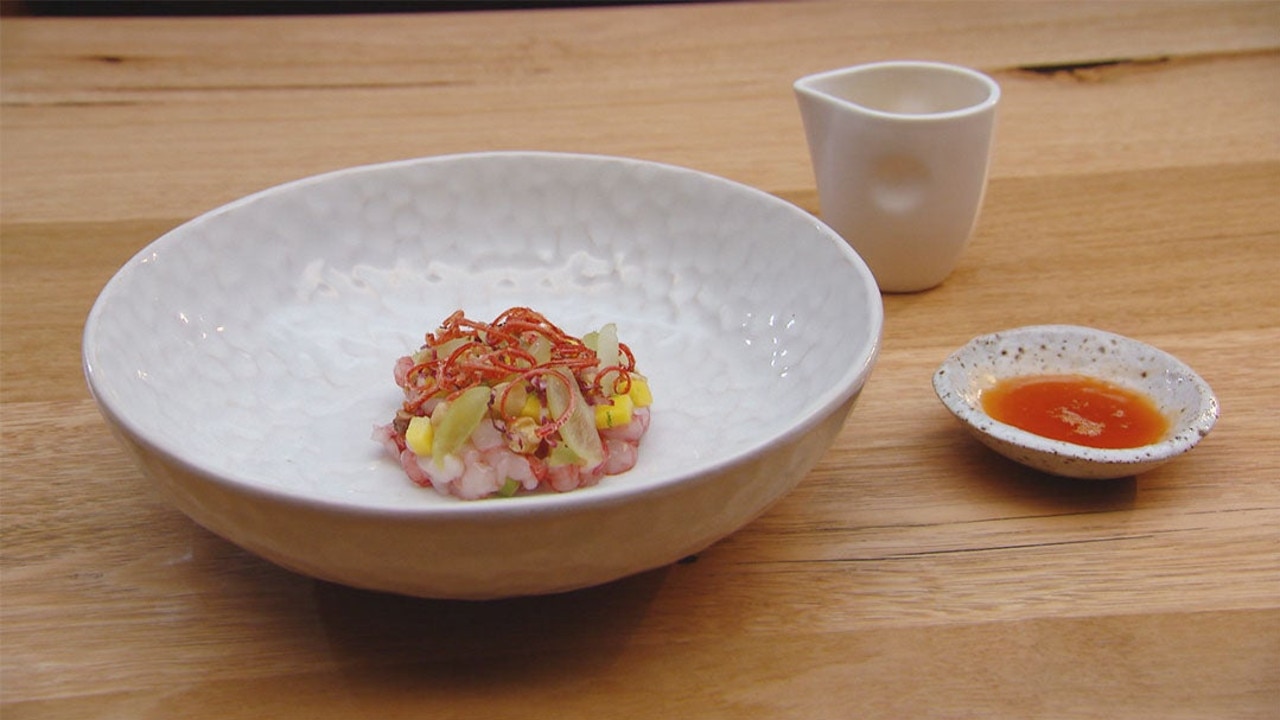 Tessa’s winning dish of scarlet prawn crudo with beef fat.