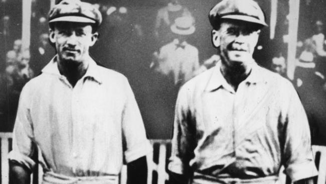 Don Bradman and Bill Ponsford resume batting during the fifth test, England v Australia in England in 1934 where they scored a record second-wicket partnership of 451 runs.