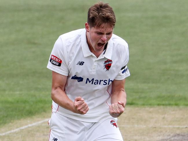 Liam Scott sent McDermott on his way, having claimed Lawrence Neil-Smith’s wicket earlier on day three. Picture: Sarah Reed/Getty Images