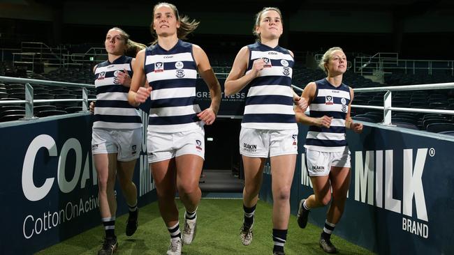 Geelong VFL Womens footballers Anna Teague, Maddie Boyd, Lily Mithen and Renee Garing.