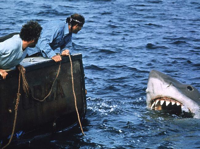 A still from the 1975 movie, Jaws. Actors Richard Dreyfuss, Robert Shaw. Photo by Bud Gray - © MPTV