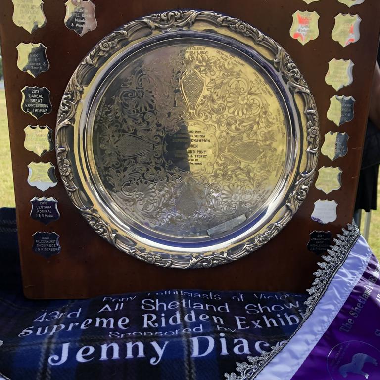 Sash, blanket and shield prizes at the Victorian All Shetland Show.