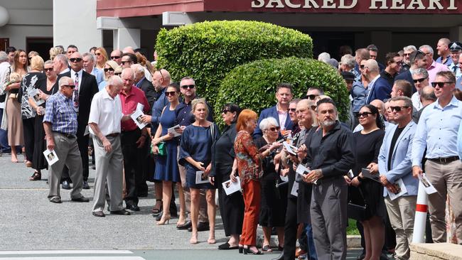 Hundreds gathered for the funeral for Souths legend John Sattler on the Gold Coast. Picture: NCA NewsWire/Tertius Pickard