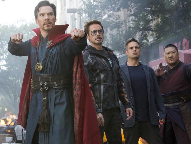 Benedict Cumberbatch as Doctor Strange in Avengers: Infinity War with Iron Man/Tony Stark (Robert Downey Jr), Bruce Banner/Hulk (Mark Ruffalo) and Wong (Benedict Wong).