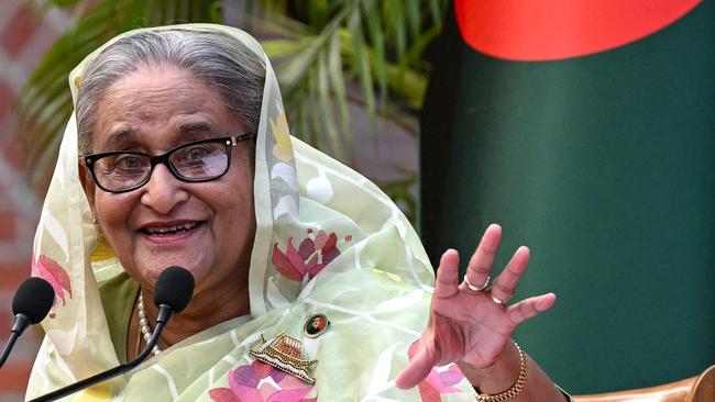 Bangladeshi Prime Minister Sheikh Hasina speaks to the media, a day after she won the parliamentary elections in Dhaka on Sunday. Picture: AFP