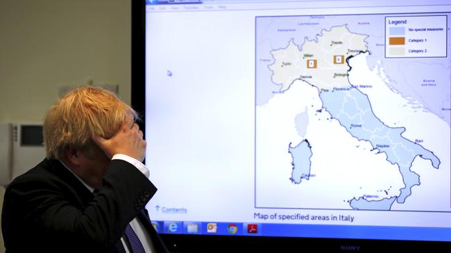 Boris Johnson visits the command centre at the Public Health England National Infection Service. Picture: AP