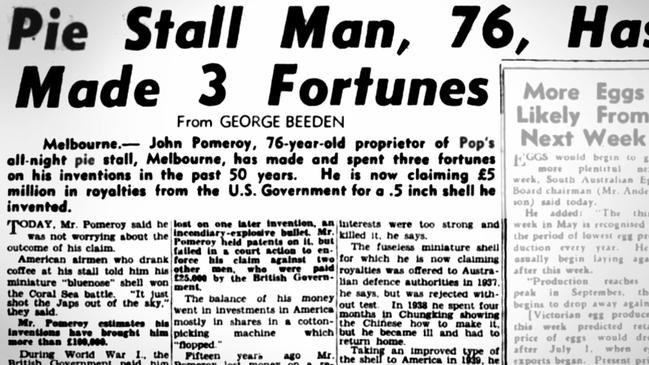 A 1948 newspaper article about Pomeroy’s pie cart, and inventions. Picture: Trove