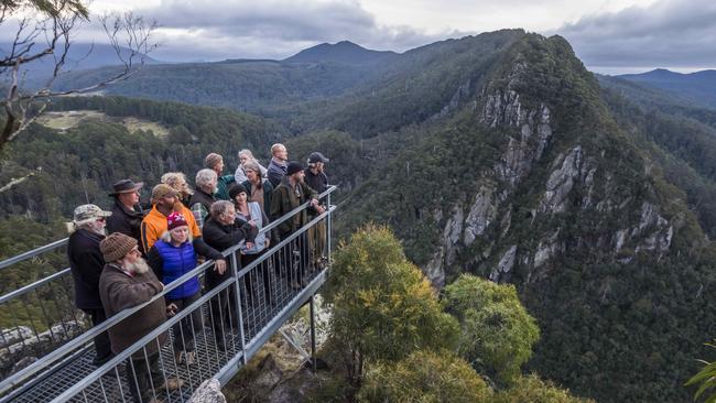 Nietta Action Group members at Leven Canyon in northwest Tasmania. The group say natural values will be destroyed if a planned Robbins Island Wind Farm high transmission line crossing of the canyon goes ahead. Picture: Chris Crerar