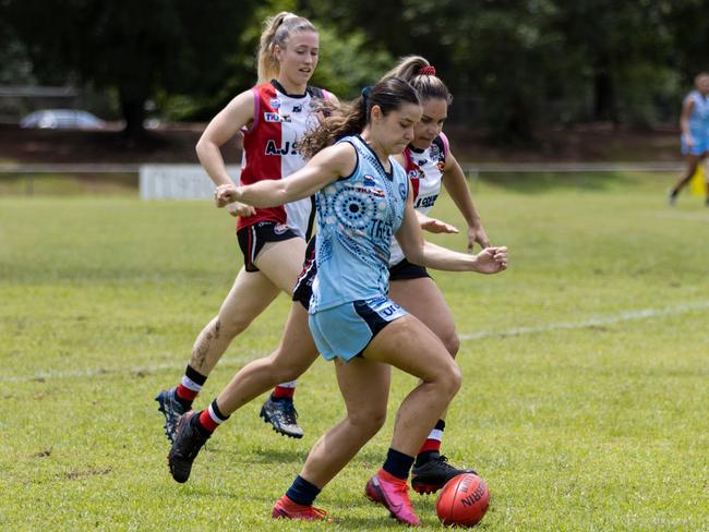 Dom Carbone has had a fine season at Darwin Buffettes, resulting in her being picked up by Hawthorn Hawks in the VFLW. Picture: Celina Whan/AFLNT Media