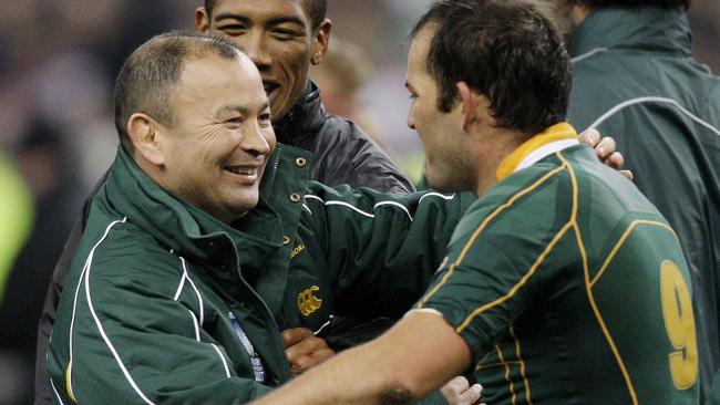 South African halfback Fourie du Preez embraces assistant coach Eddie Jones after South Africa’s 2007 World Cup final win.