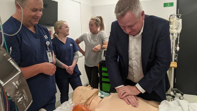 Premier Jeremy Rockliff performing CPR in Launceston General Hospital's new tunapri mapali Building. Picture: Alex Treacy