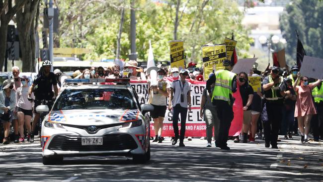 The Freedom Rally in the Brisbane CBD on Saturday. Picture: Annette Dew