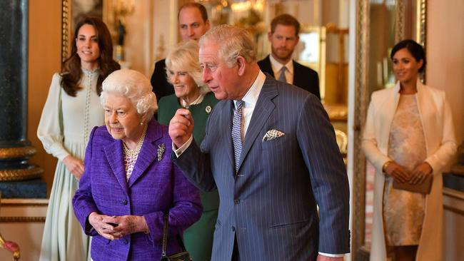 Prince Charles, Prince of Wales walks with his mother Queen Elizabeth II and his wife Camilla, Duchess of Cornwall in 2019. Picture: AFP