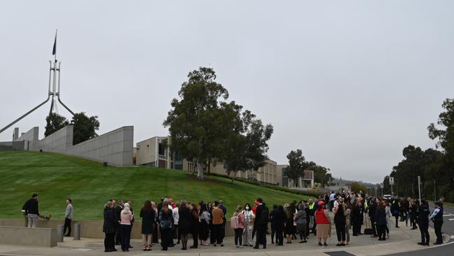 About a hundred people on the lawns of Parliament House. Picture: NCA NewsWire / Martin Ollman