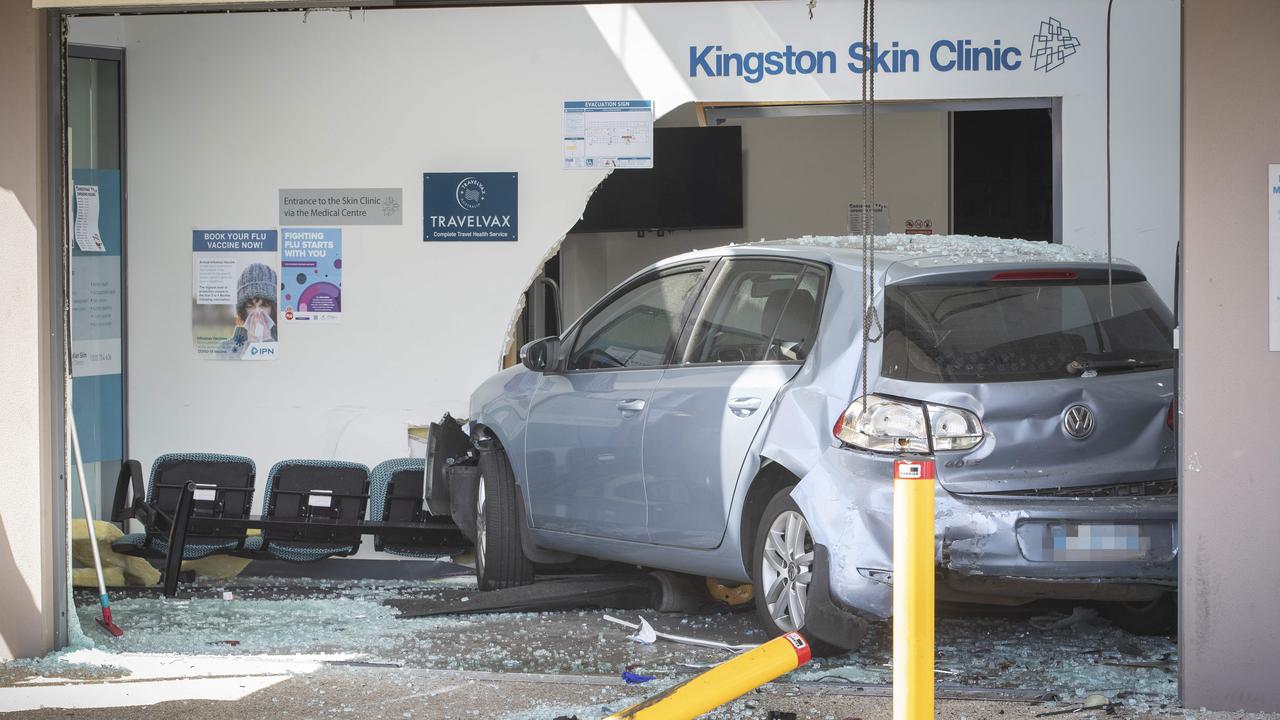 Three cars were involved in a collision with one car smashing inside the Kingborough Medical Centre. Picture: Chris Kidd