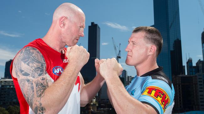 Former AFL player Barry Hall (left) shapes up against former NRL player Paul Gallen. Picure: Dave Goudie