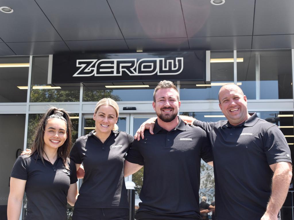 (from left) Rebecca Stephenson (sports nutritionist, three-time Miss Fitness Australia, coach), Carly Illguth (administration manager), Kahn Stephenson (founder, coach) and Dean Illguth (all-time Australian bench press record holder, powerlifting competition co-ordinator) at the new strength gym ZeroW in North Mackay, October 20, 2021. Picture: Matthew Forrest