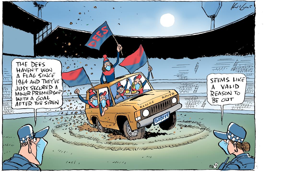 Cartoonist Mark Knight sympathises with Melbourne supporters who can’t fully celebrate their team’s best performance in 57 years because of lockdown.
