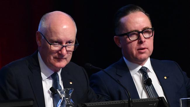 Qantas chairman Richard Goyder and CEO Alan Joyce will go without pay for the rest of the financial year as the airline slashes management fees in the wake of the coronavirus crisis. Picture: AAP