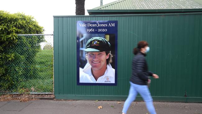 A tribute to Dean Jones is seen at the Albert Ground in Melbourne. Picture: Getty Images