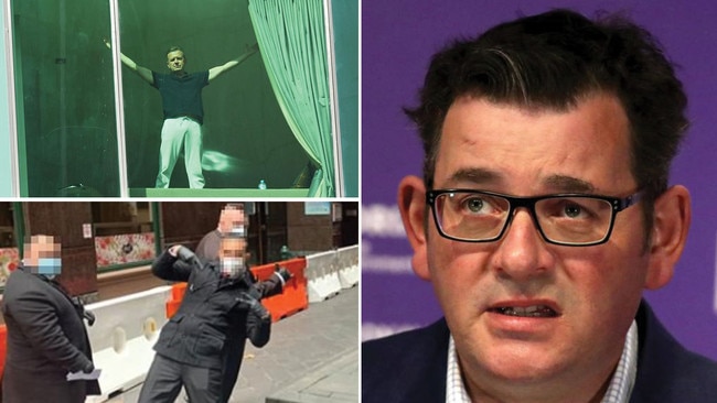 Victorian Premier Daniel Andrews, right, a man in Melbourne hotel quarantine, top left, and security guards allegedly mugging for the cameras outside a Melbourne quarantine hotel. Pictures: News Corp/AAP/Supplied.