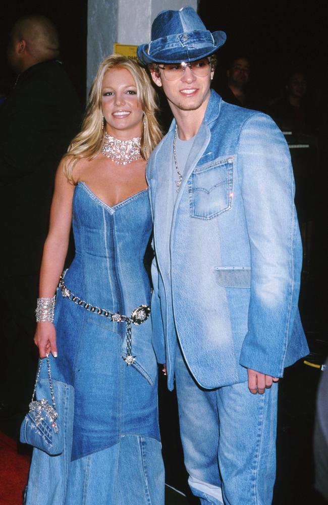 2001 ... Britney Spears and Justin Timberlake in their infamous triple denim do-ups.  Picture: Getty