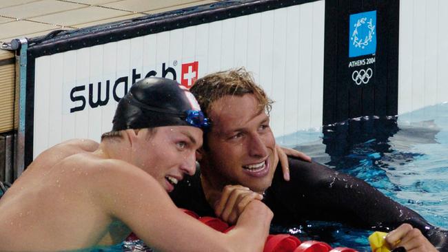 Ian Thorpe after winning the Race of the Century in the 200m freestyle at the Athens Olympics. Picture: (AAP Image/Dean Lewins, File